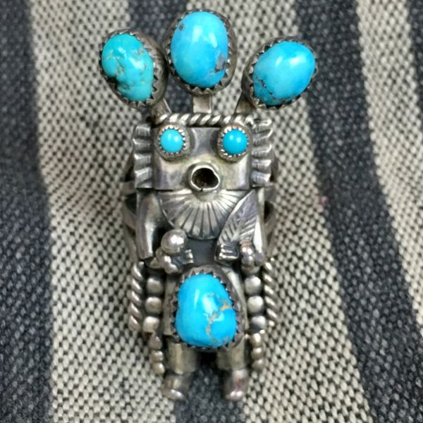 SOLD 1960s KACHINA SILVER RING SIGNED BY HELEN LONG WITH 6 BLUE STABALIZED TURQUOISE STONES