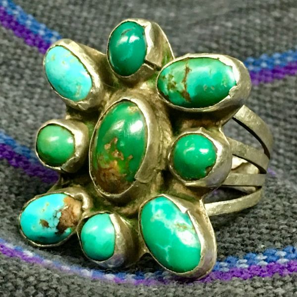 SOLD 1920s INGOT SILVER BLUE & GREEN TURQUOISE BUTTERFLY PATTERN RING