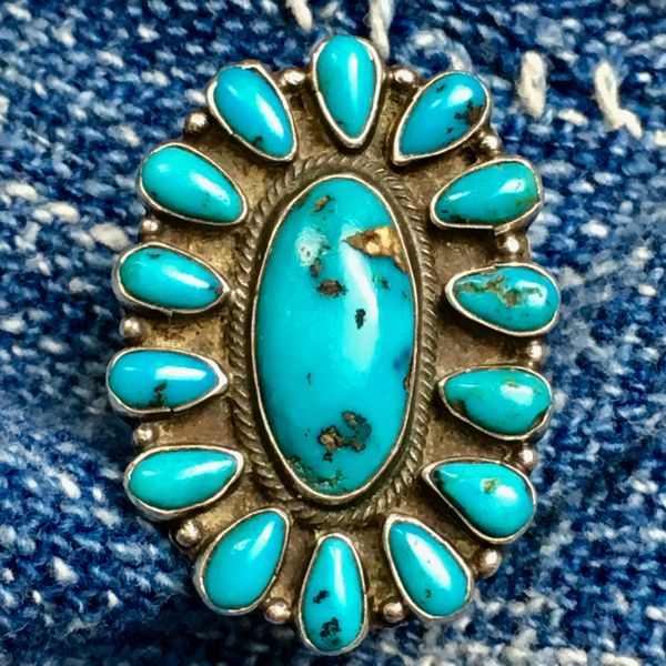 1920s ZUNI CLUSTER PETIT POINT SILVER 15 GEM QUALITY BLUE TURQUOISE STONE RING