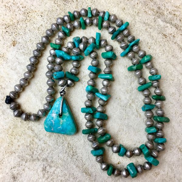 SOLD 1920s ITTY BITTY SILVER BENCH BEADS & PRE-ELECTRICITY HAND SHAPED & DRILLED TURQUOISE BLUE & GREEN TABS ATELIER RESTRUNG ON BLACK SINEW