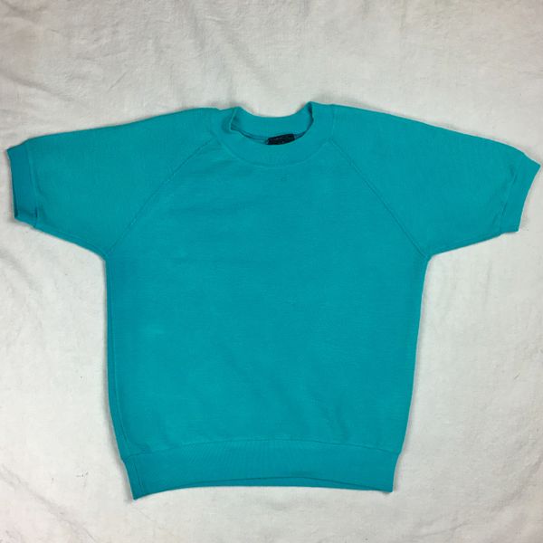 1980s TEXTURED SIDE OUT 100% COTTON SHORT SLEEVED TURQUOISE SWEARSHIRT XS-S