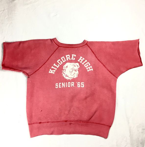 SOLD 1965 ONCE RED, PINK FUSCIA SUN FADED KILGORE HS BULLDOG 100% COTTON SWEATSHIRT M-L