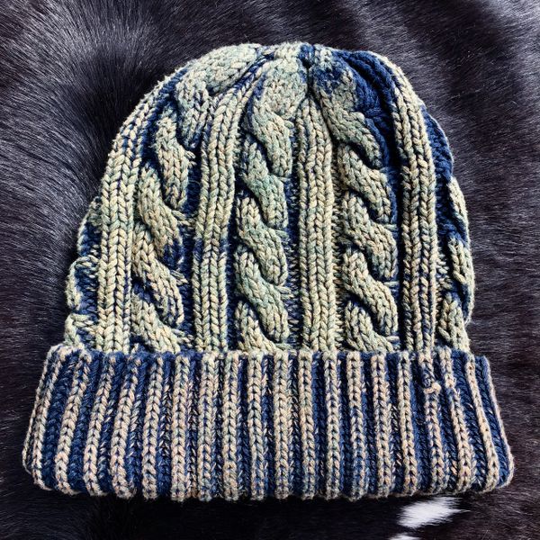 SOLD 100% COTTON ATELIER DYED CABLE KNIT INDIGO, YELLOW & GREEN BEANIE CAP