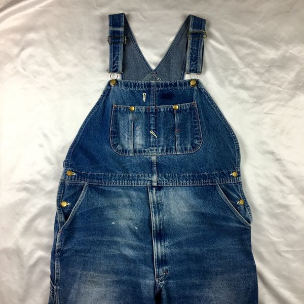 1980s FADED MEDIUM BLUE DENIM OVERALLS BY DICKIES 44” WAIST 29” LONG ADJUSTABLE