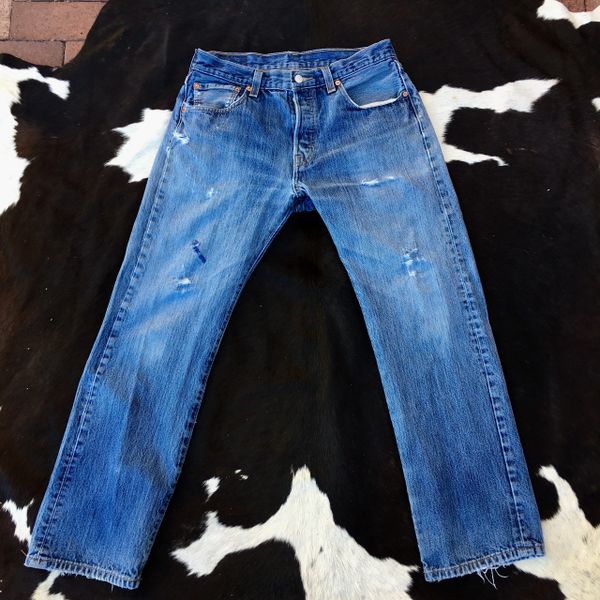 1990s LEVIS DISTRESSED & REPAIRED LIGHT COLORED FADED DENIM 501 33” WAIST 30” LONG