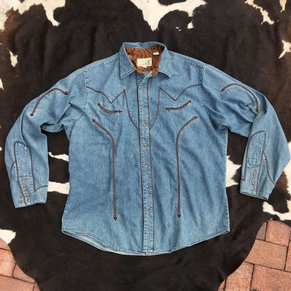 SOLD 1970s ROPER DEMIM WESTERN HORN SNAP SHIRT XXL