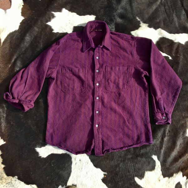 SOLD 1970s THICK COTTON FLANNEL PLUMB PURPLE STRIPED SHIRT XL