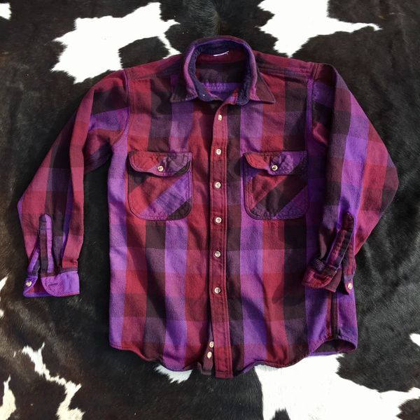 SOLD 1990s THICK COTTON FLANNEL PLAID PURPLE TONES SHIRT JACKET L