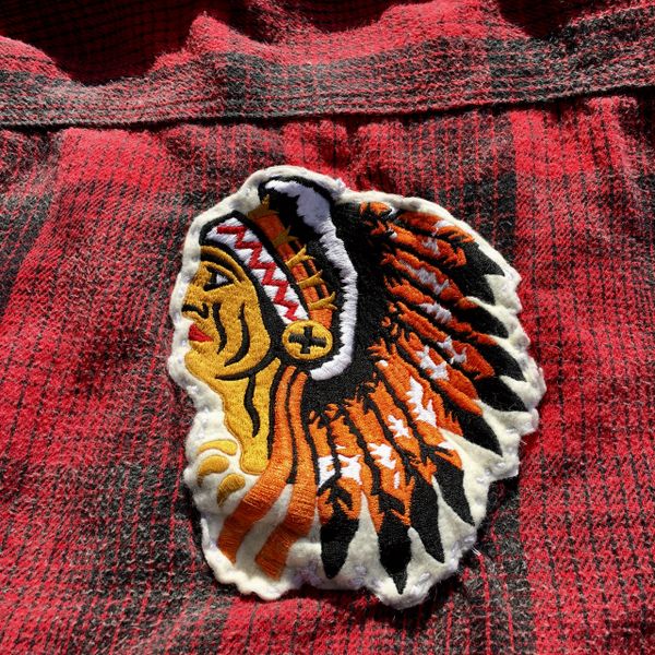 SOLD THICK FLANNEL RED BLACK PLAID SHIRT JACKET WITH INDIAN CHIEF PATCH ...