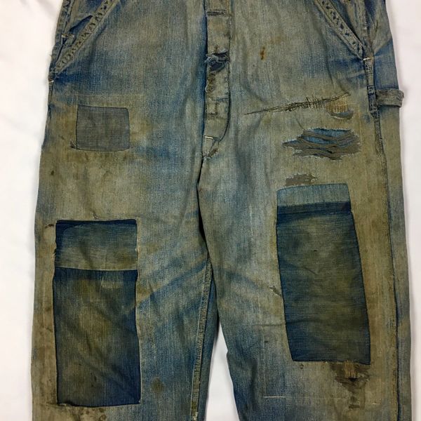 SOLD 1930s DESTROYED & REPAIRED DENIM OVERALLS BY WORKMASTER