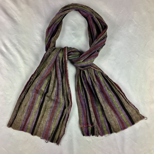 SOLD 1800s SHASHIKO BORO LAVENDER, TAN, BLACK & MINT STRIPED KIMONO REMNANT SCARF