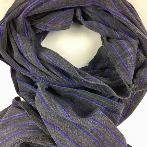 SOLD 1800s KOBA TRIBE AFRICAN DARK CHARCOAL GREY, PURPLE & BLUE STIPED EXTRA LONG SCARF