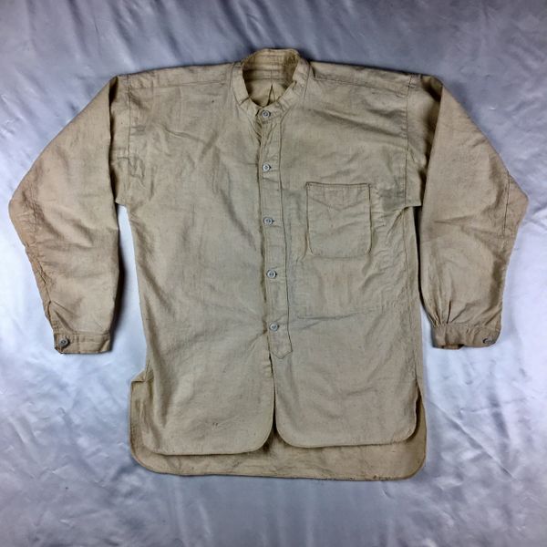 1920s JAPANESE BANDED COLLAR NATURAL COTTON SHIRT WITH GLASS BUTTONS S