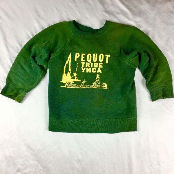 SOLD 1950s 100% COTTON PEQUOT TRIBE YMCA GUSSETED YELLOW & GREEN FADED & DISTRESSED SWEATSHIRT XS