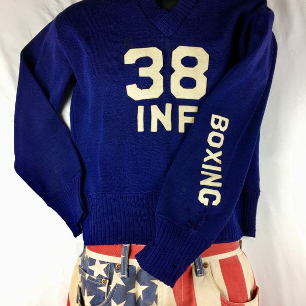 SOLD 1938 INDIGO MARINE’S INFANTRY BOXING WOOL V-NECK DISTRESSED SWEATER M-L