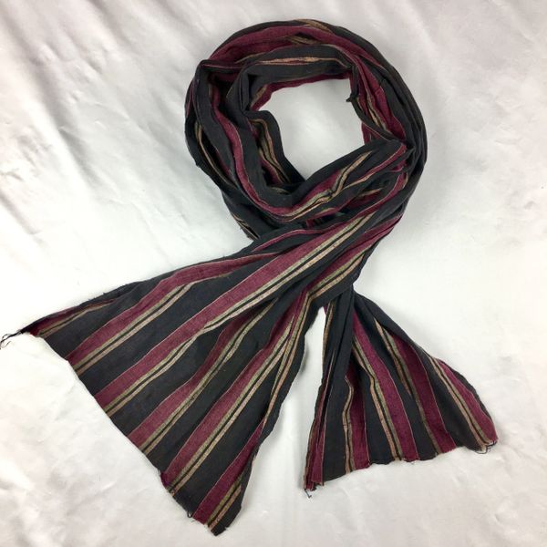 SOLD 1800s LONG WIDE COTTON REDDISH PURPLE, PALE GREEN, BUTTER YELLOW & BLACK STRIPED SCARF