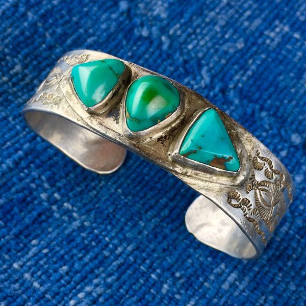 SOLD 1920s INGOT SILVER FILE STAMPED BEVELED FACETED 3 BLUE TURQUOISE STONE CUFF BRACELET