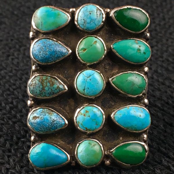 SOLD 1920’s INGOT SILVER 15 BLUE & GREEN TURQUOISE STONES INCLUDING 3 #8 EARLY REPLACEMENTS GIGANTIC RING & BANDANNA SLIDER