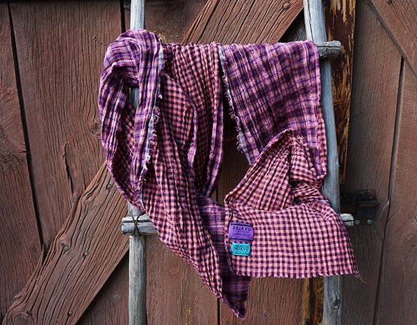 PINK BLACK AND PURPLE HOMESPUN DIFFERENT SIDED PLAID AND GINGHAM COTTON GAUZE LONG SCARF