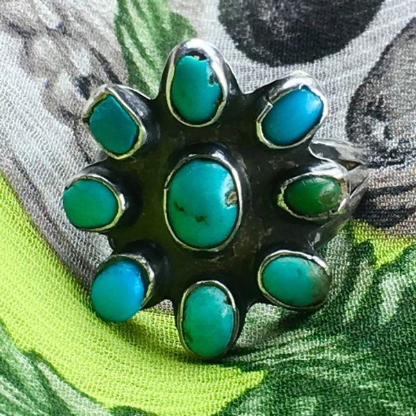 SOLD 1920s BLUE & GREEN TURQUOISE INGOT SILVER FLORAL 9 STONE RING