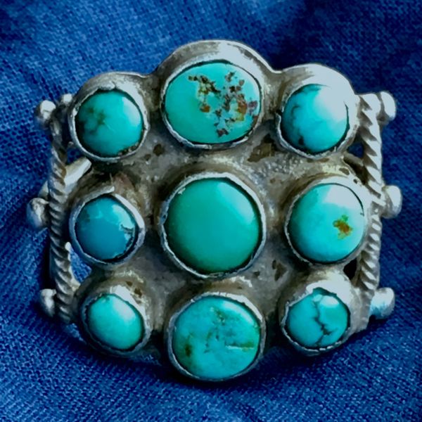 SOLD 1920s HANDPULLED WIRE 9 BLUE TURQUOISE STONE BIG FINGER INGOT SILVER RING