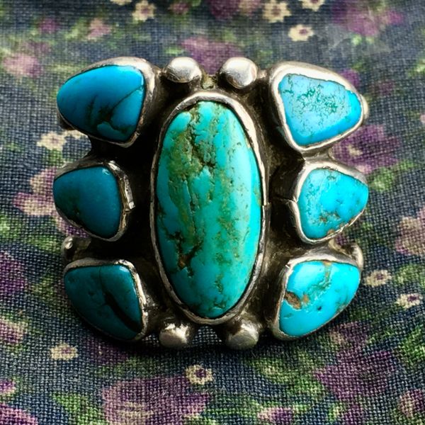 SOLD 1920s HEAVY HUGE 7 VIVID BLUE TURQUOISE STONE BUTTERFLY INGOT SILVER RING