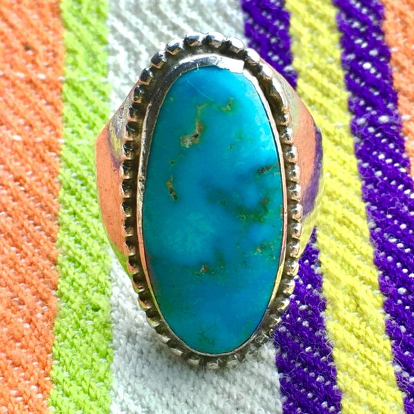 SOLD 1930s SANDCAST SILVER OVAL VIVID BLUE TURQUOISE RING