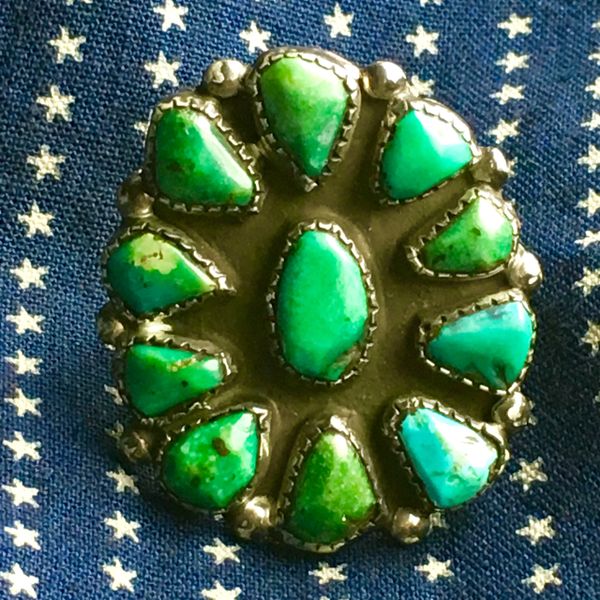 SOLD 1920s MOSTLY GREEN SOME BLUE 11 TURQUOISE STONES WITH HANDCUT BEZELS HUMONGOUS INGOT SILVER RING