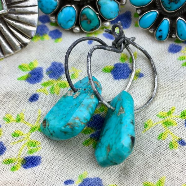1800s or EARLIER BRIGHT BLUE TURQUOISE TABS ON ATELIER MADE STERLING EARRINGS SET #4