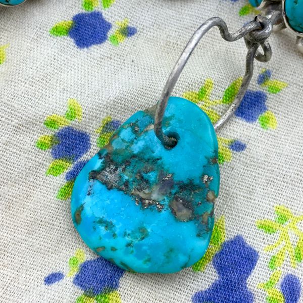 SOLD MENS SINGLE 1800s or EARLIER BRIGHT BLUE TURQUOISE TAB WITH QUARTZ & PYRITE ON ATELIER MADE STERLING EARRING #6