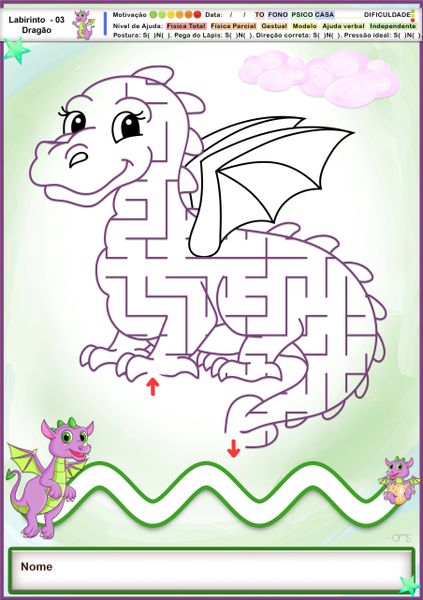 Jogo educativo de labirinto com desenho de dragão bebê e sua mãe