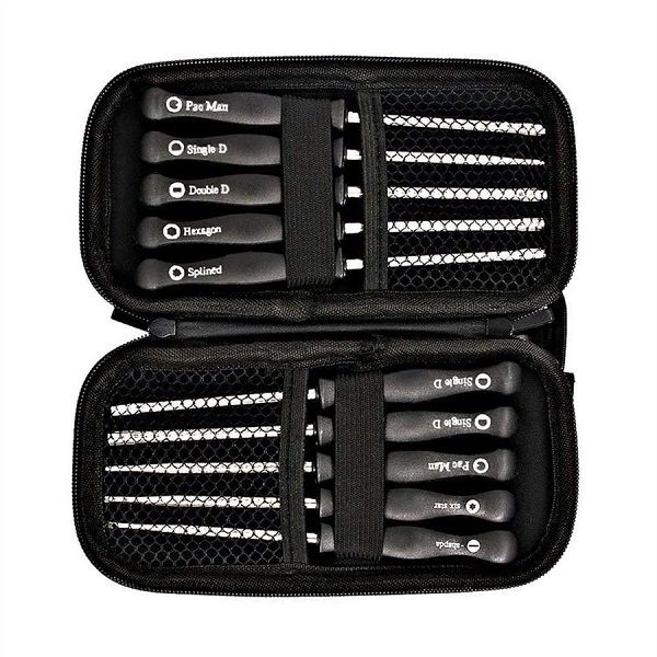 `10 pieces Husqvarna, Poulan, Weedeater, Zama, Ryobi, Homelite Hex, Double D, Splined 21, Splined 7, Single D, Pacman, Single D small, Pacman small carburetor adjusting tools and case