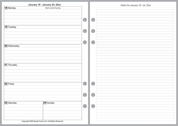 A5 Weekly Planner, 2 Pages per Week, 2 Pages per Month, with Lines. Style G1.