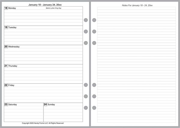 A5 Weekly Planner, 2 Pages per Week, 2 Pages per Month, with Lines. Style  G1.