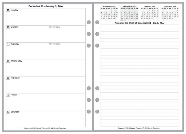 A5 Weekly Planner, 2 Pages per Week, 2 Pages per Month, No Lines. Style E.