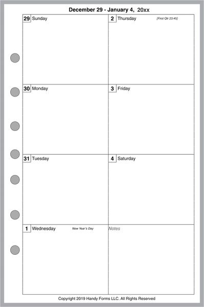 FCS Weekly Planner, 1 Page per Week, 2 Pages per Month, No Lines (Style D)