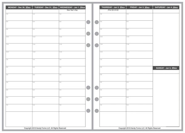 A5 Weekly Planner, Vertical Format, 2 Pages per Week, 2 Pages per Month, No Lines, with Appt Times. Style V.