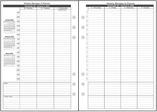 A5 Weekly Planner and Manager, 2 Pages per Week, 2 Pages per Month, 7:00am - 10:00pm, with Lines