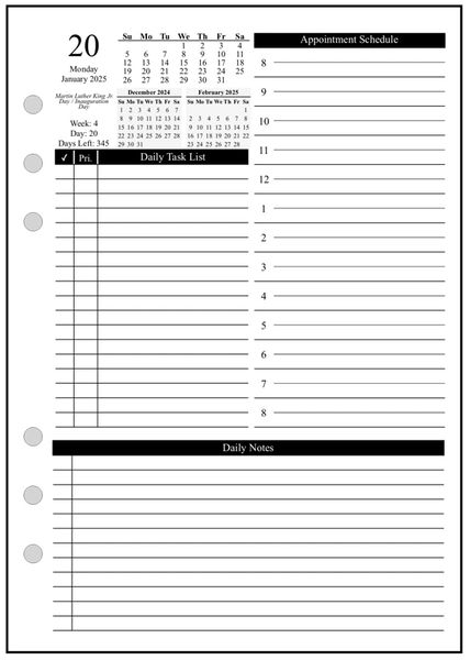 FA5 Daily and Monthly Planner, 1 Page per Day, 2 Pages per Month, Style D