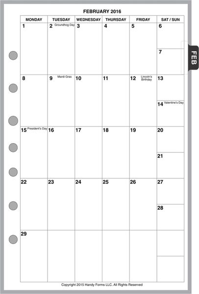 FCS Monthly Planner, 1 Page per Month, 6 Columns, Vertical, No Lines