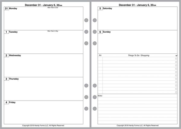 A5 Weekly Planner, 2 Pages per Week, 2 Pages per Month, No Lines. Style D.