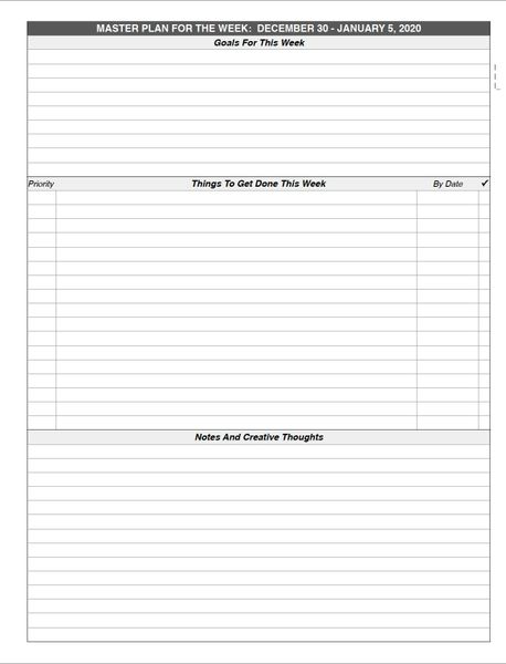 LVL Week Master Plan, 2 Pages per Week Plus 1 Page Per Day, Including Weekly Summary, Expenses, etc.