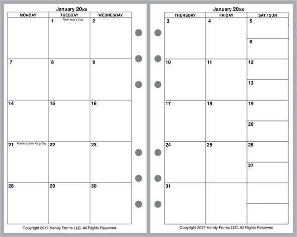 Month on 2 Pages Planner Calendar Refill – Sunday Start