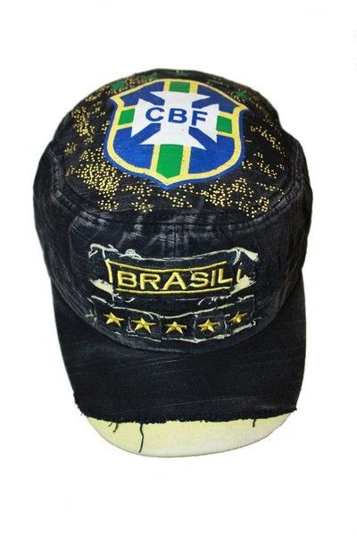 BRASIL BLACK ACID - WASHED WEAR - LOOK MILITARY STYLE CBF LOGO FIFA SOCCER WORLD CUP EMBOSSED HAT CAP .. NEW