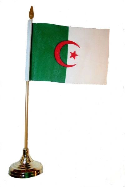 ALGERIA 4" X 6" INCHES MINI COUNTRY STICK FLAG BANNER WITH GOLD STAND ON A 10 INCHES PLASTIC POLE .. NEW AND IN A PACKAGE.