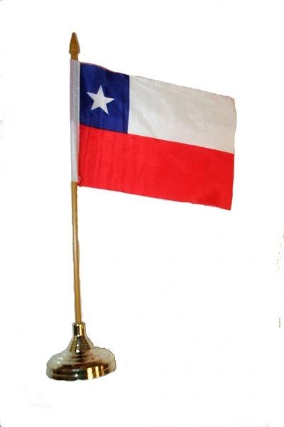 CHILE 4" X 6" INCHES MINI COUNTRY STICK FLAG BANNER WITH GOLD STAND ON A 10 INCHES PLASTIC POLE .. NEW AND IN A PACKAGE.