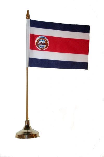 COSTA RICA 4" X 6" INCHES MINI COUNTRY STICK FLAG BANNER WITH GOLD STAND ON A 10 INCHES PLASTIC POLE .. NEW AND IN A PACKAGE.