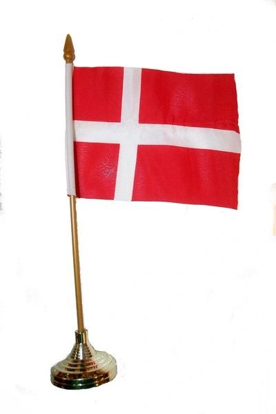 DENMARK 4" X 6" INCHES MINI COUNTRY STICK FLAG BANNER WITH GOLD STAND ON A 10 INCHES PLASTIC POLE .. NEW AND IN A PACKAGE.