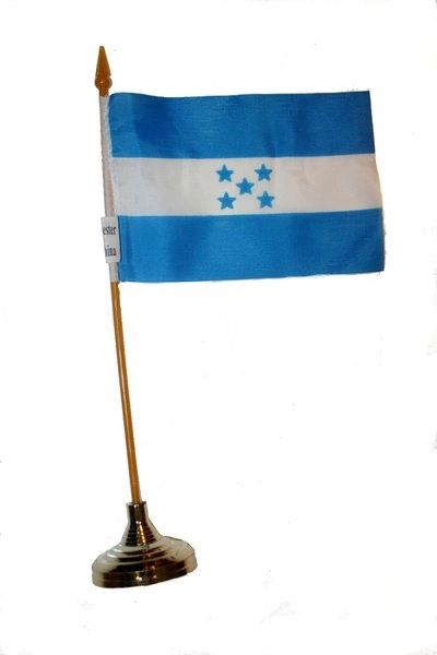 HONDURAS 4" X 6" INCHES MINI COUNTRY STICK FLAG BANNER WITH GOLD STAND ON A 10 INCHES PLASTIC POLE .. NEW AND IN A PACKAGE.