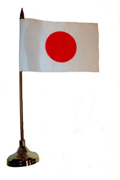 JAPAN 4" X 6" INCHES MINI COUNTRY STICK FLAG BANNER WITH GOLD STAND ON A 10 INCHES PLASTIC POLE .. NEW AND IN A PACKAGE. .. NEW AND IN A PACKAGE.